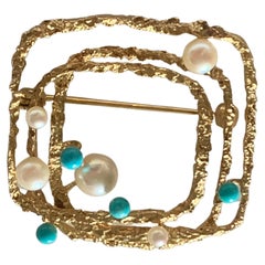 9 Carat Gold Brutalist Pearl & Turquoise Brooch