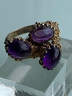 9ct Gold Brutalist Trio Amethyst Cabochon Ring
