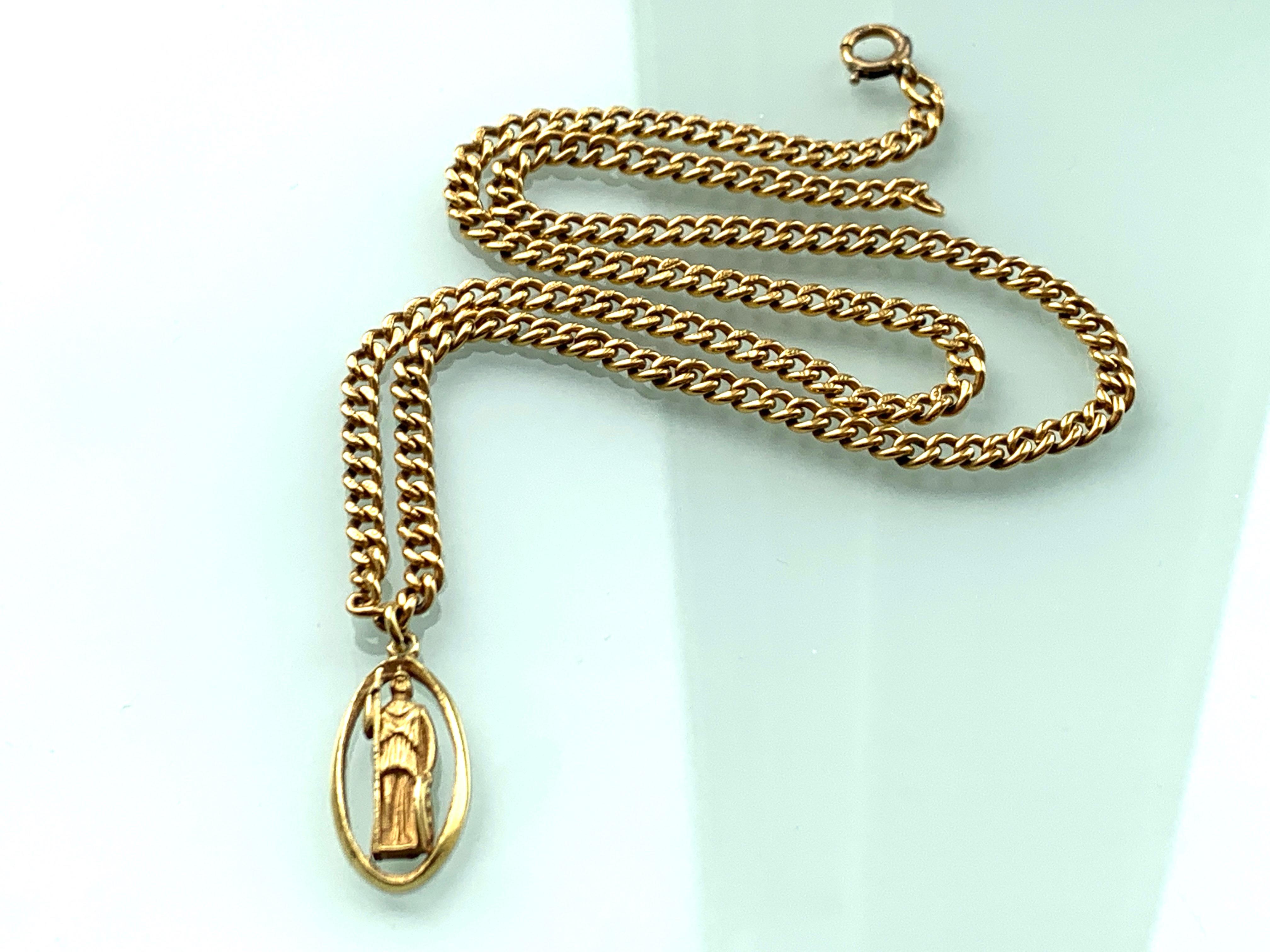 Vintage 18ct 750 Gold Brutalist Roman Guard Pendant
& Antique 9ct 375 Gold Chain
 
Chain is Deep yellow Gold with a  9 375 stamp on every link - era 1910
Chain Length - 18.25 Inches 
               Thickness - 4mm
               Depth - 1.2 mm
Chain