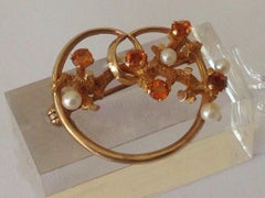 9ct Gold Citrine & Pearl Brooch 1960s Era