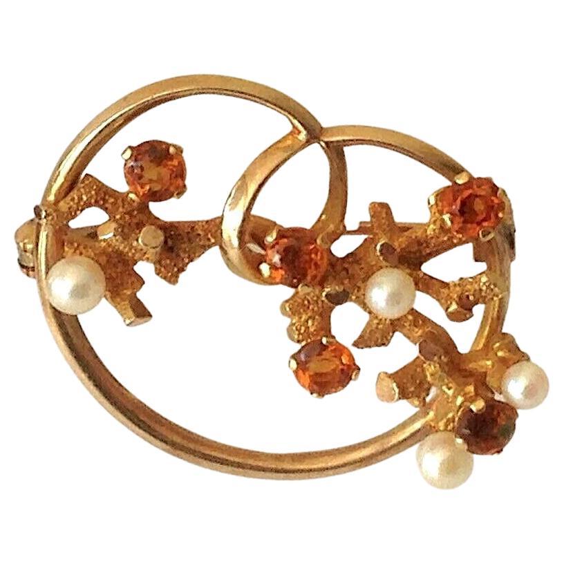 9ct Gold Citrine & Pearl Brooch 1960s Era For Sale
