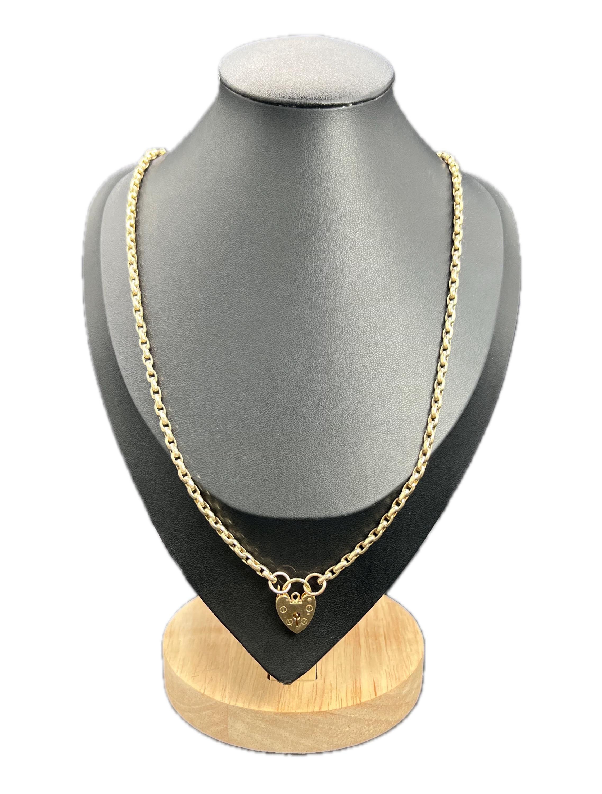 9ct Gold Edwardian 21 Inch Oval Faceted Belcher Chain with Heart Padlock Clasp