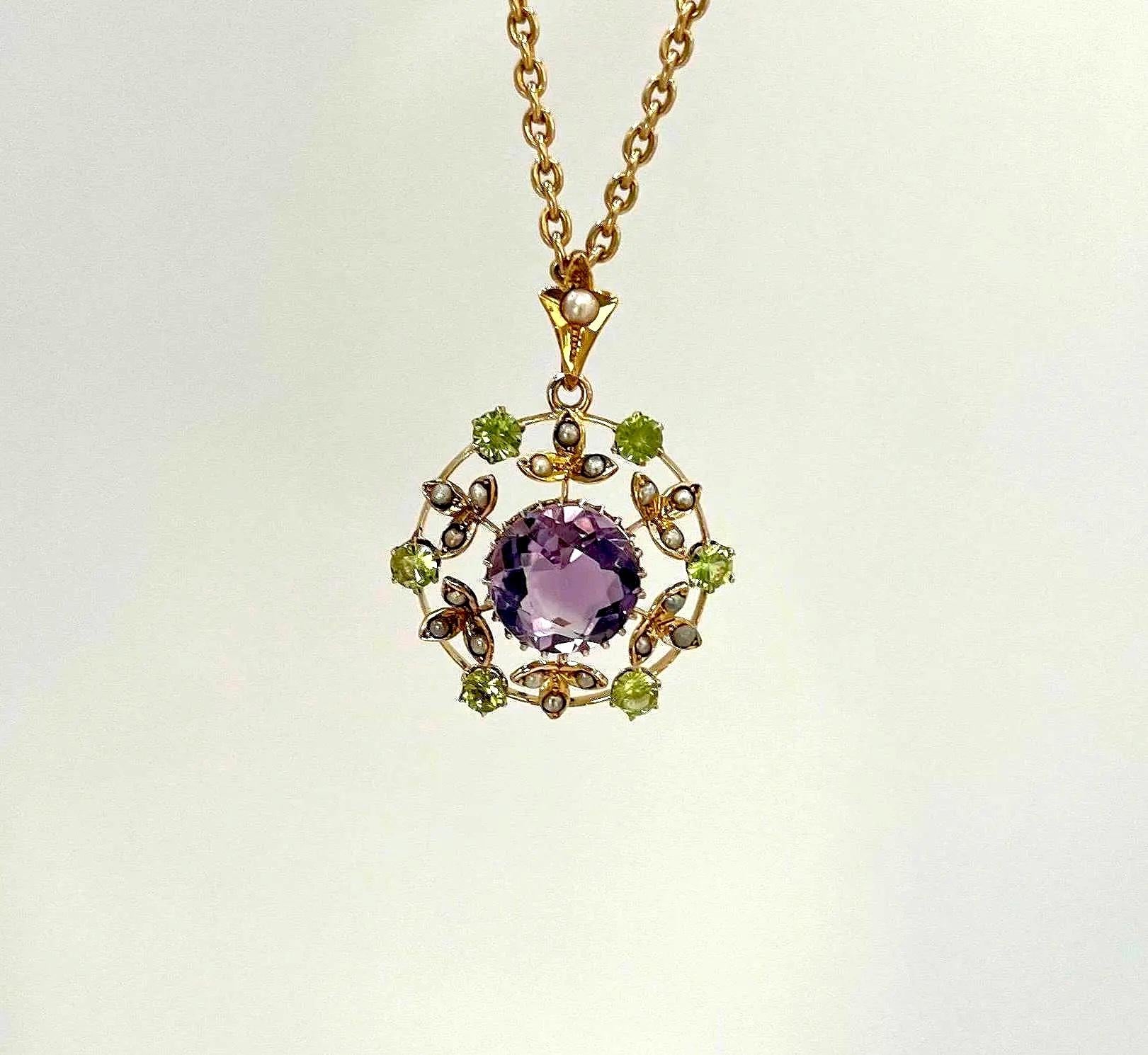 9ct Gold, Edwardian Amethyst, Pearl & Peridot Suffragette Pendant, Circa 1910 For Sale 5