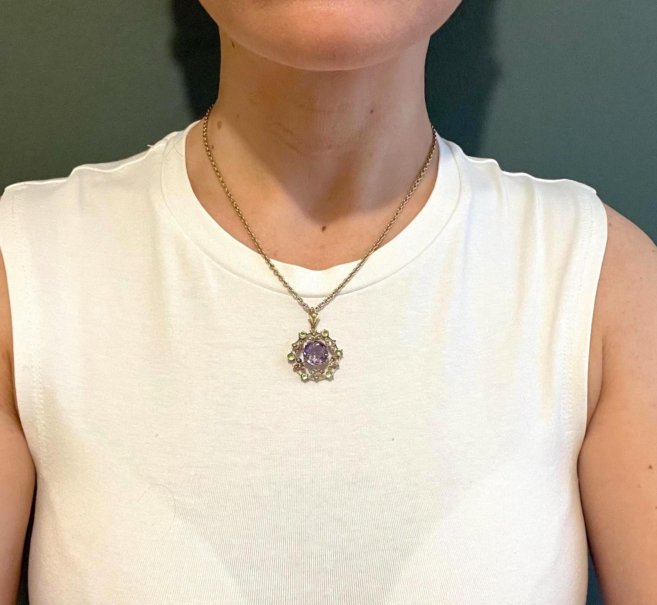 Round Cut 9ct Gold, Edwardian Amethyst, Pearl & Peridot Suffragette Pendant, Circa 1910 For Sale