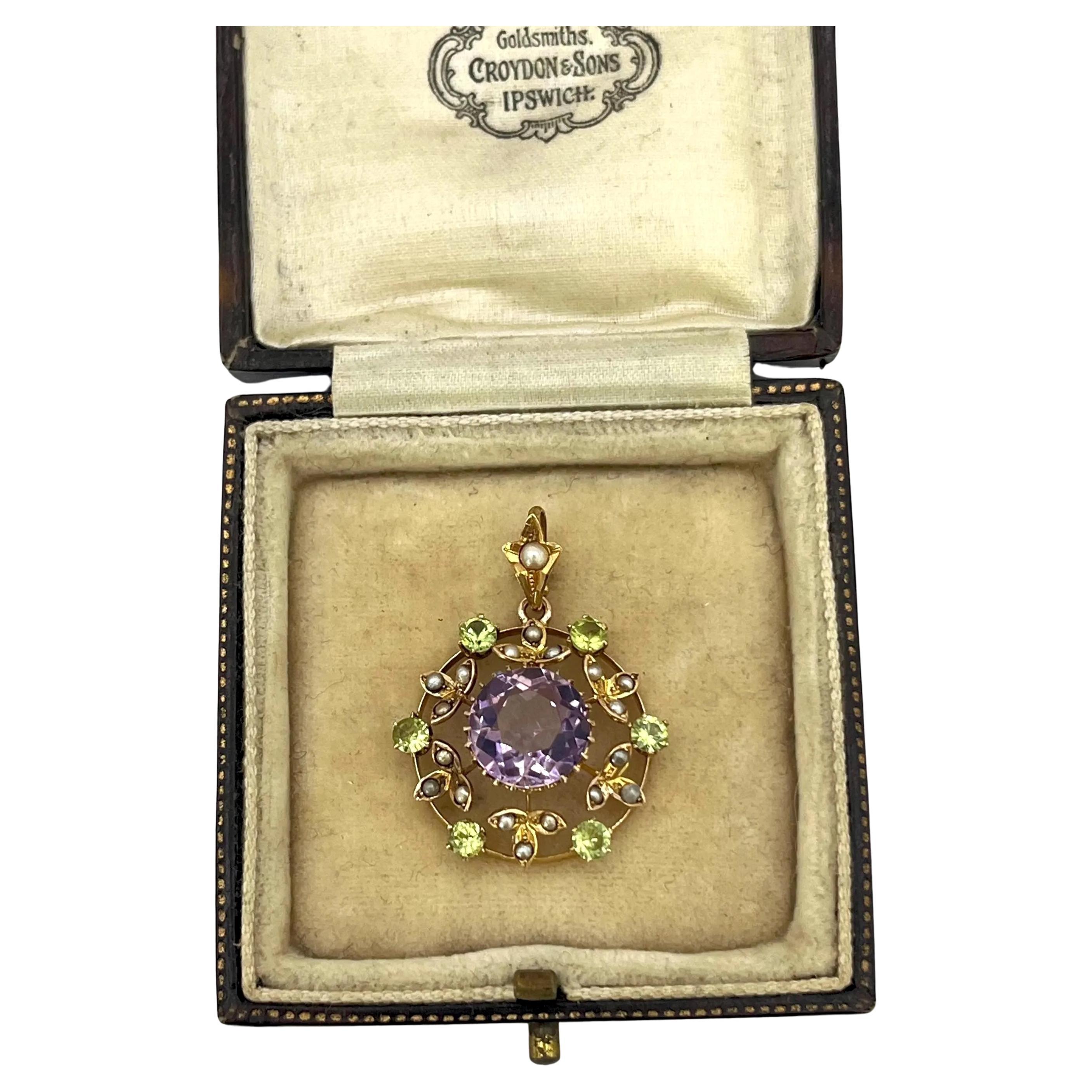 9ct Gold, Edwardian Amethyst, Pearl & Peridot Suffragette Pendant, Circa 1910 For Sale