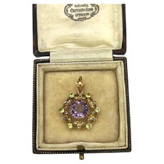 9ct Gold, Edwardian Amethyst, Pearl & Peridot Suffragette Pendant, Circa 1910