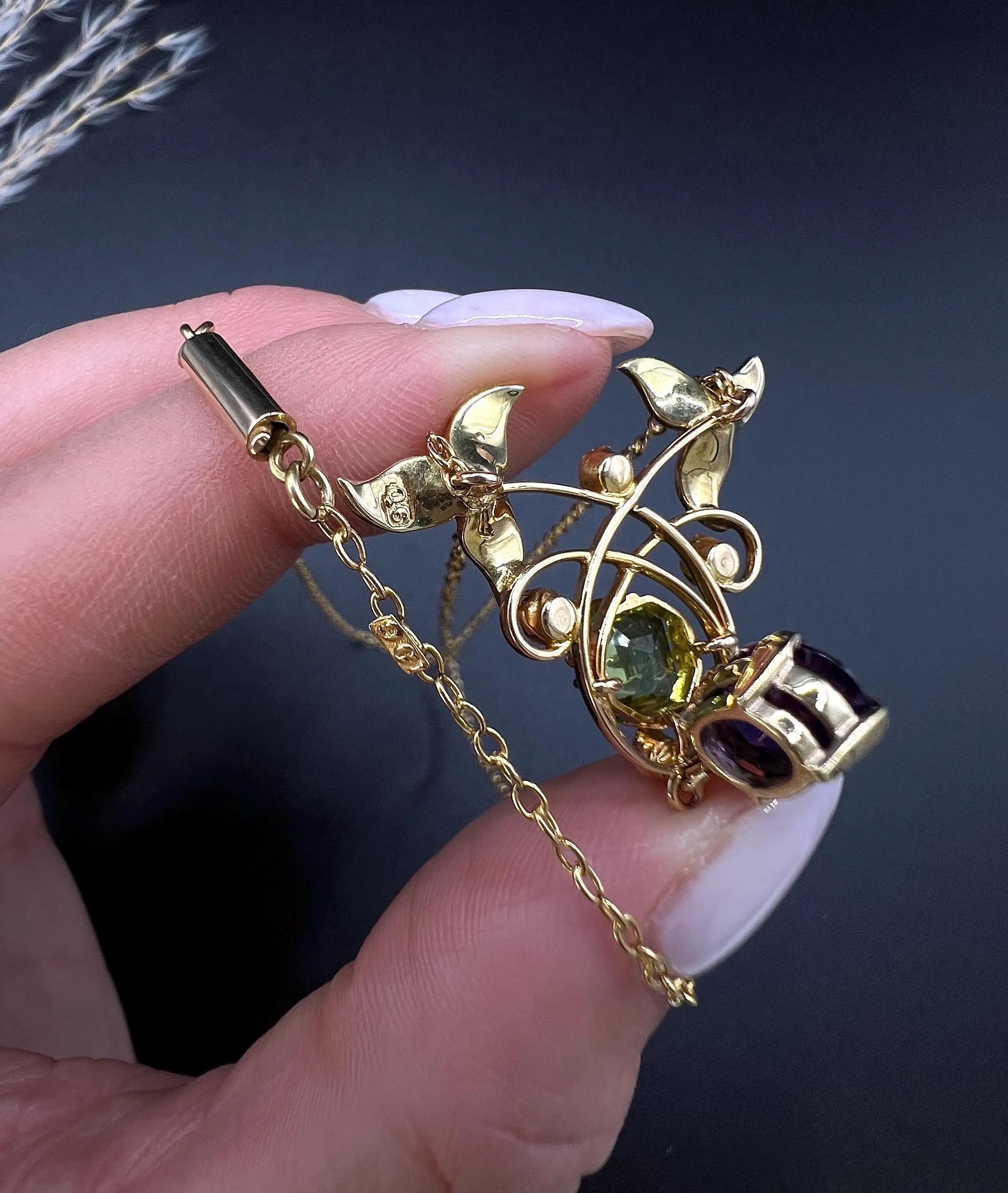 Pendentif Suffragette en or 9ct de l'époque édouardienne, avec améthyste, péridot et grain de beauté  Collier en vente 5
