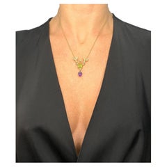 Antique 9ct Gold Edwardian, Amethyst, Peridot & Seed Peal Suffragette Pendent  Necklace