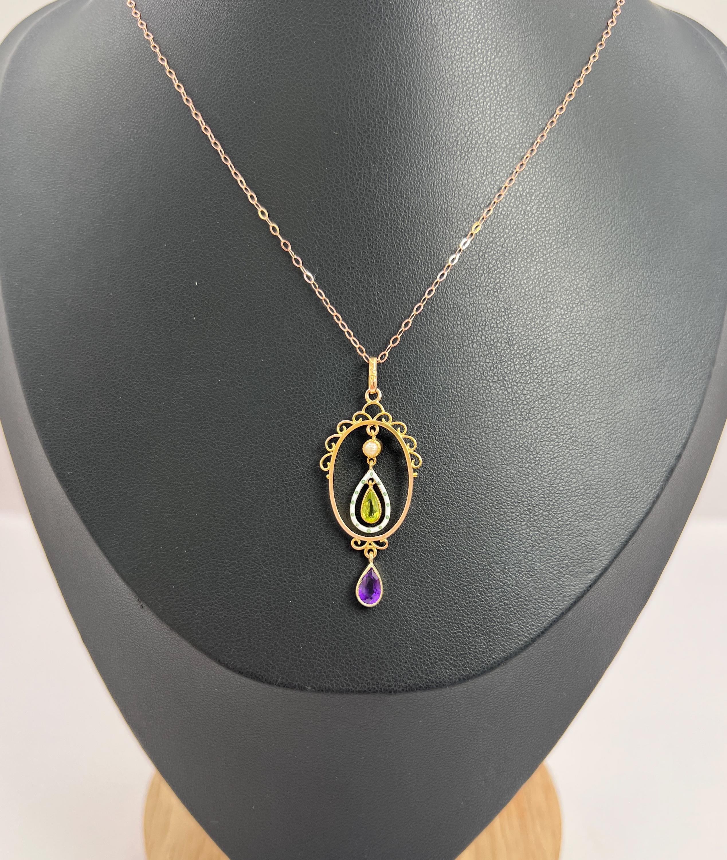 Édouardien Pendentif Suffragette en or 9ct, de style édouardien, en améthyste, péridot, perles de rocaille et émail en vente