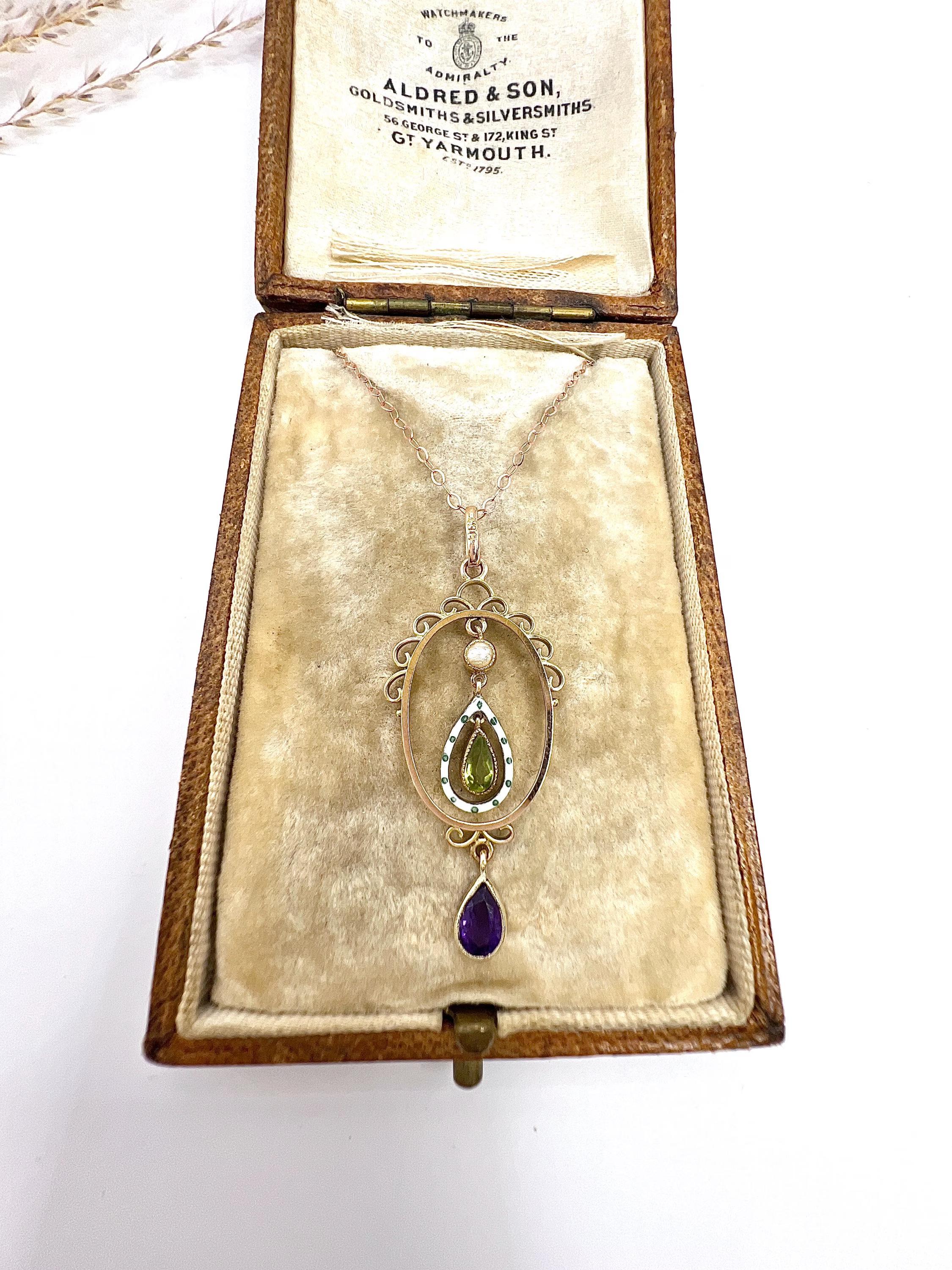 Pendentif Suffragette en or 9ct, de style édouardien, en améthyste, péridot, perles de rocaille et émail en vente 4