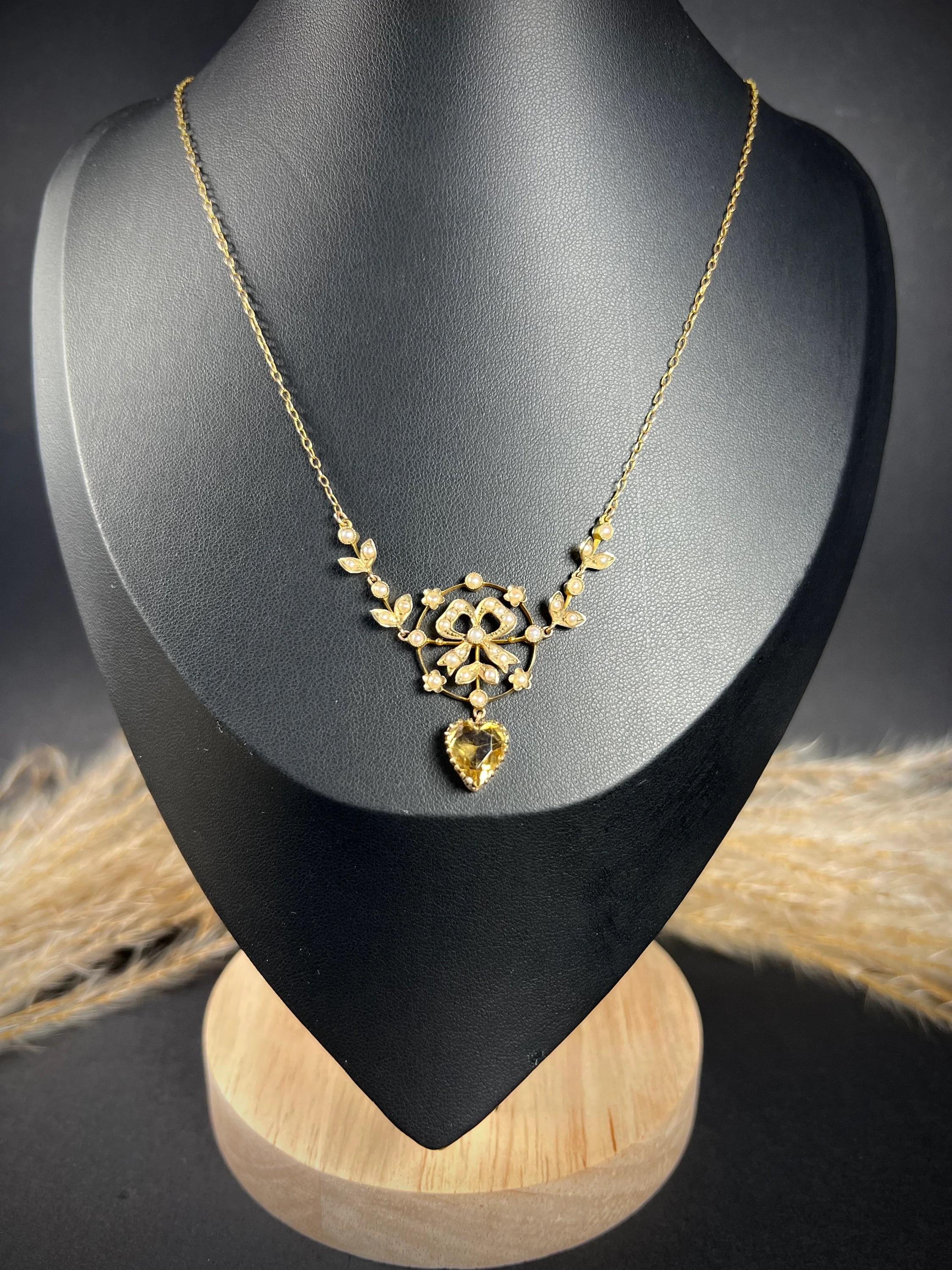 9ct Gold Edwardian Citrine Heart Necklace With Delicate Seed Pearl Set Bow 5