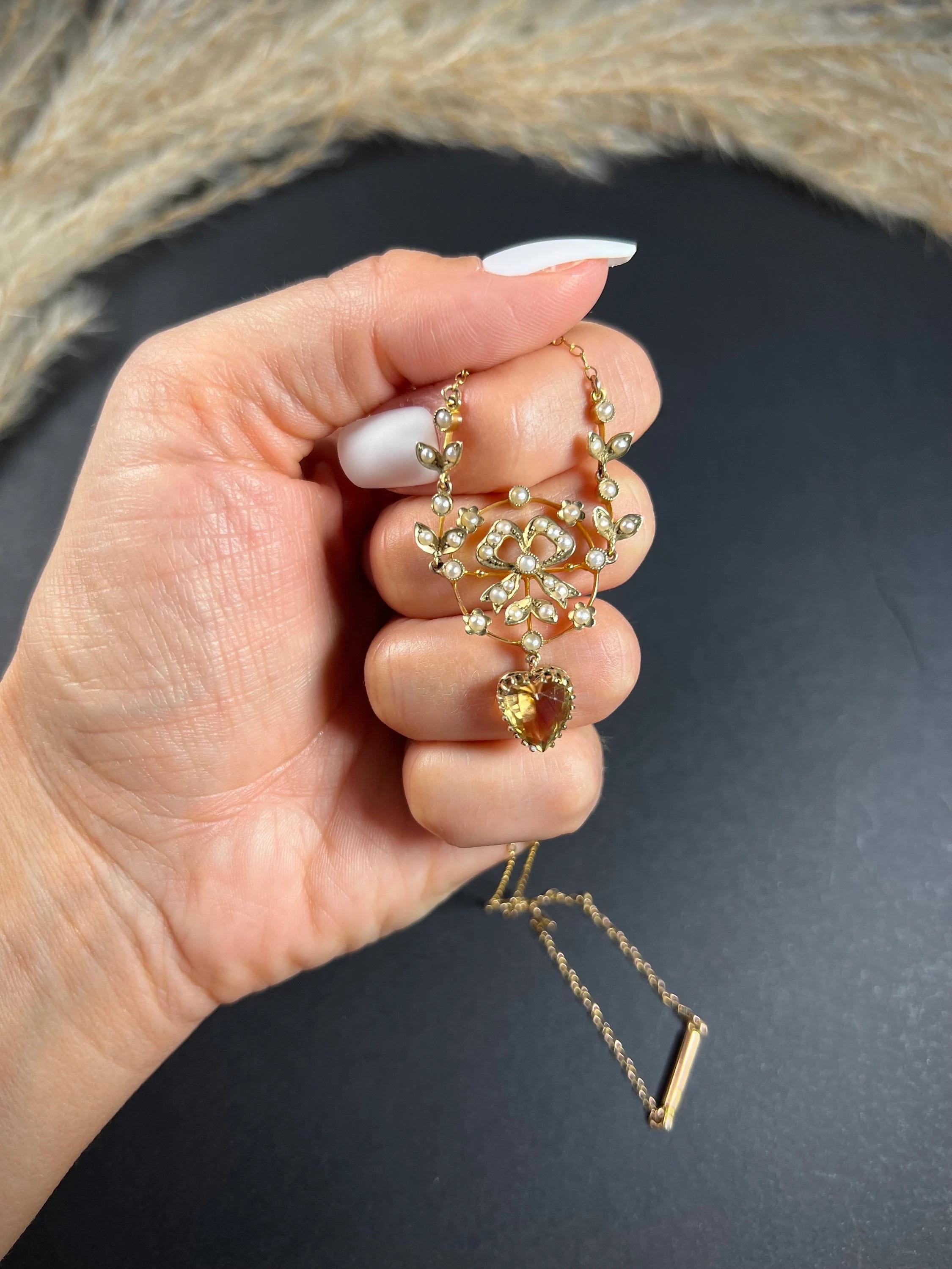 Heart Cut 9ct Gold Edwardian Citrine Heart Necklace With Delicate Seed Pearl Set Bow