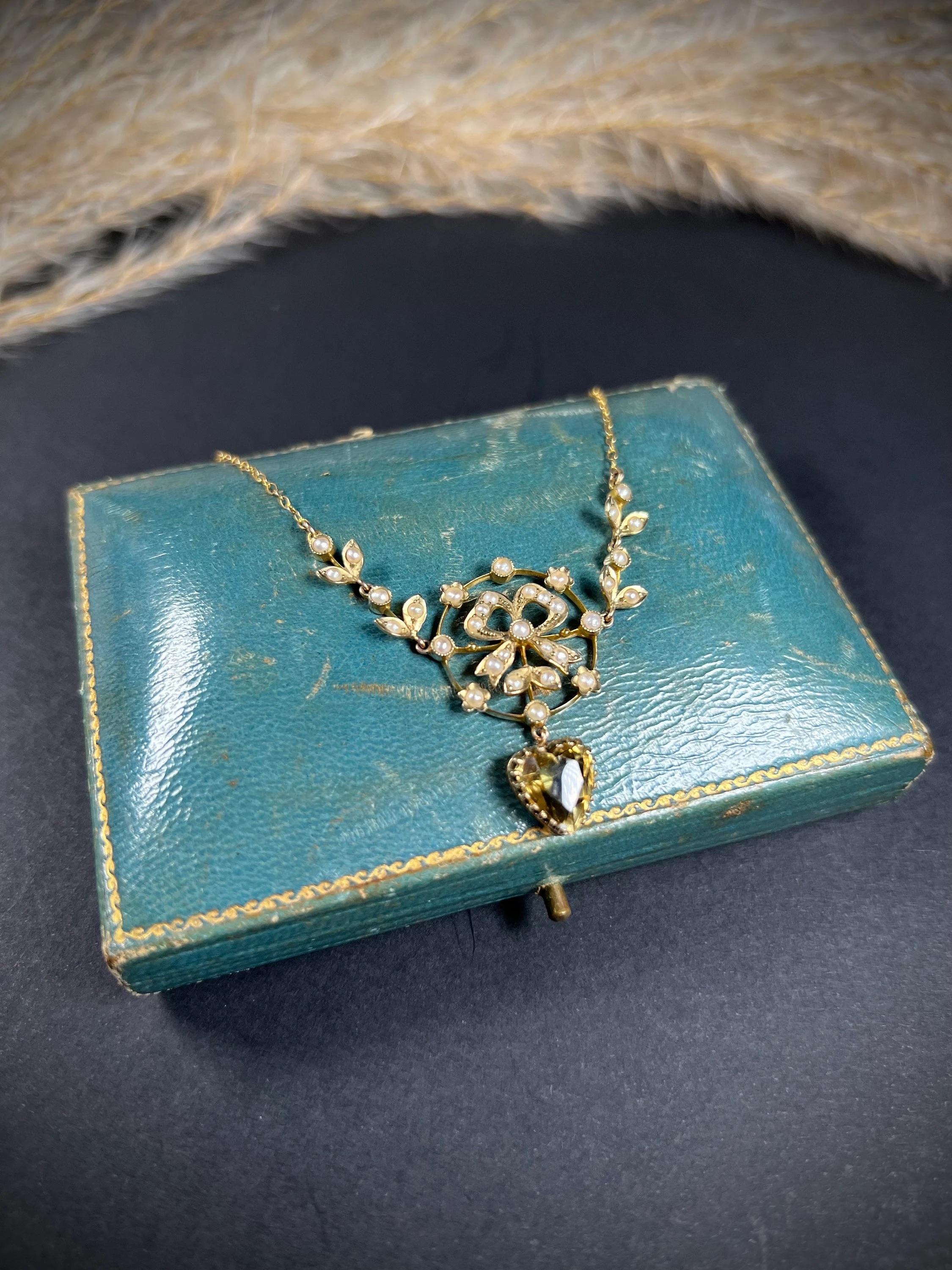 Women's or Men's 9ct Gold Edwardian Citrine Heart Necklace With Delicate Seed Pearl Set Bow