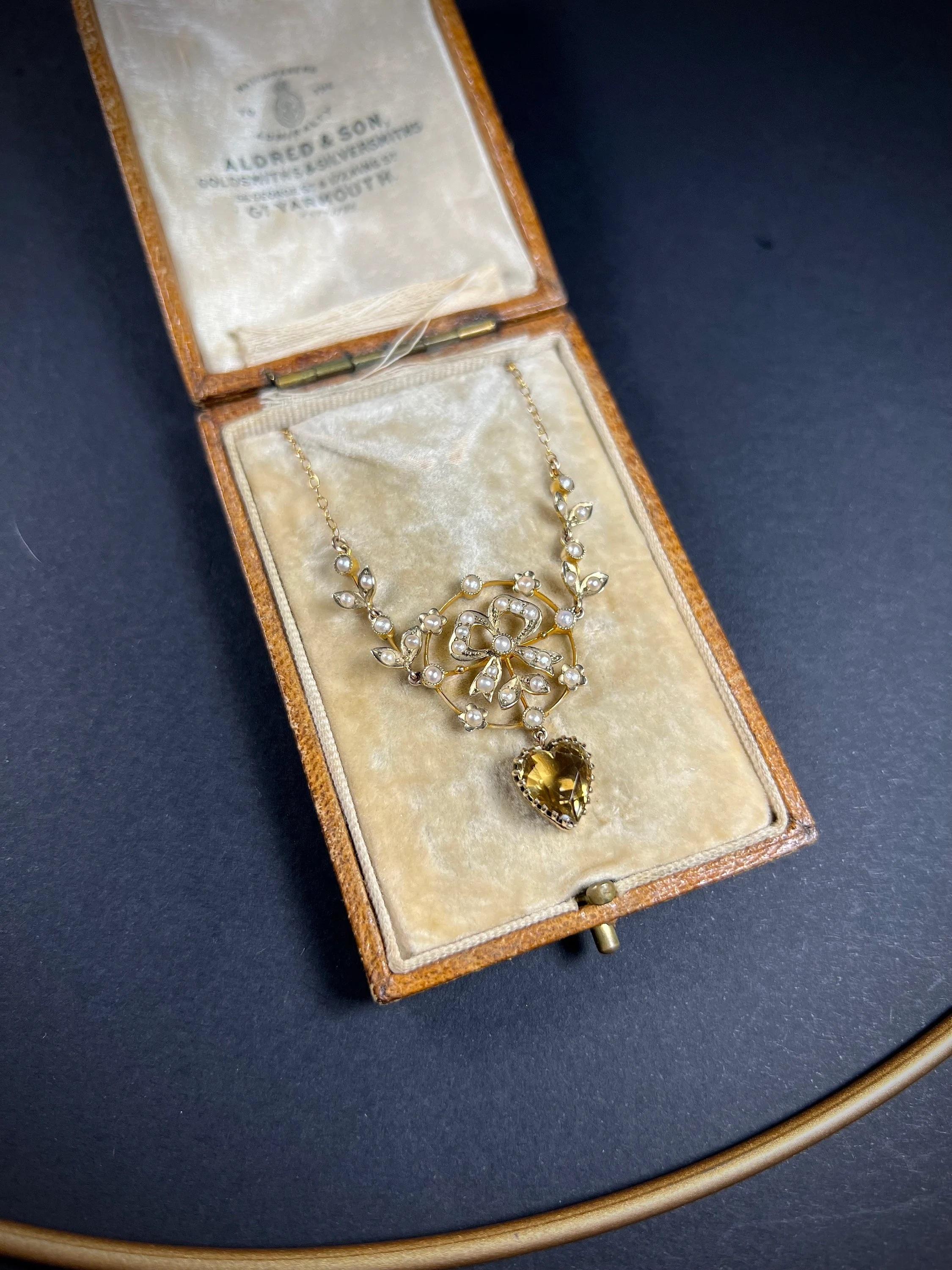 9ct Gold Edwardian Citrine Heart Necklace With Delicate Seed Pearl Set Bow 2