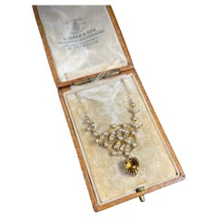 9ct Gold Edwardian Citrine Heart Necklace With Delicate Seed Pearl Set Bow