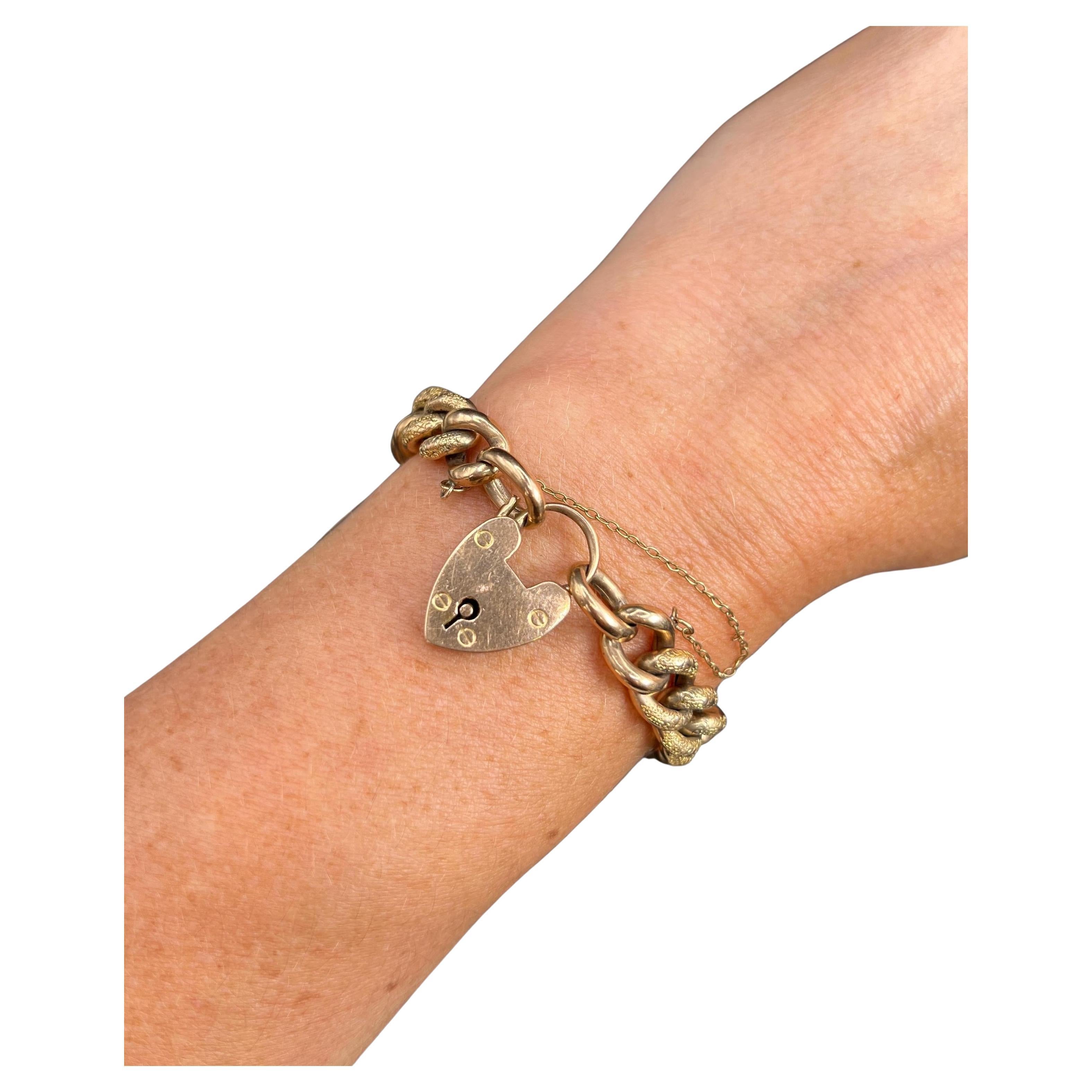 9ct Gold Edwardian Night & Day Floral Patterned Curb Bracelet with Heart Padlock