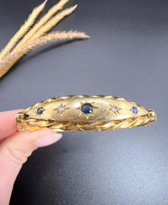 9ct Gold, Edwardian Star Set Sapphire and Diamond Bangle Hallmarked Chester 1907