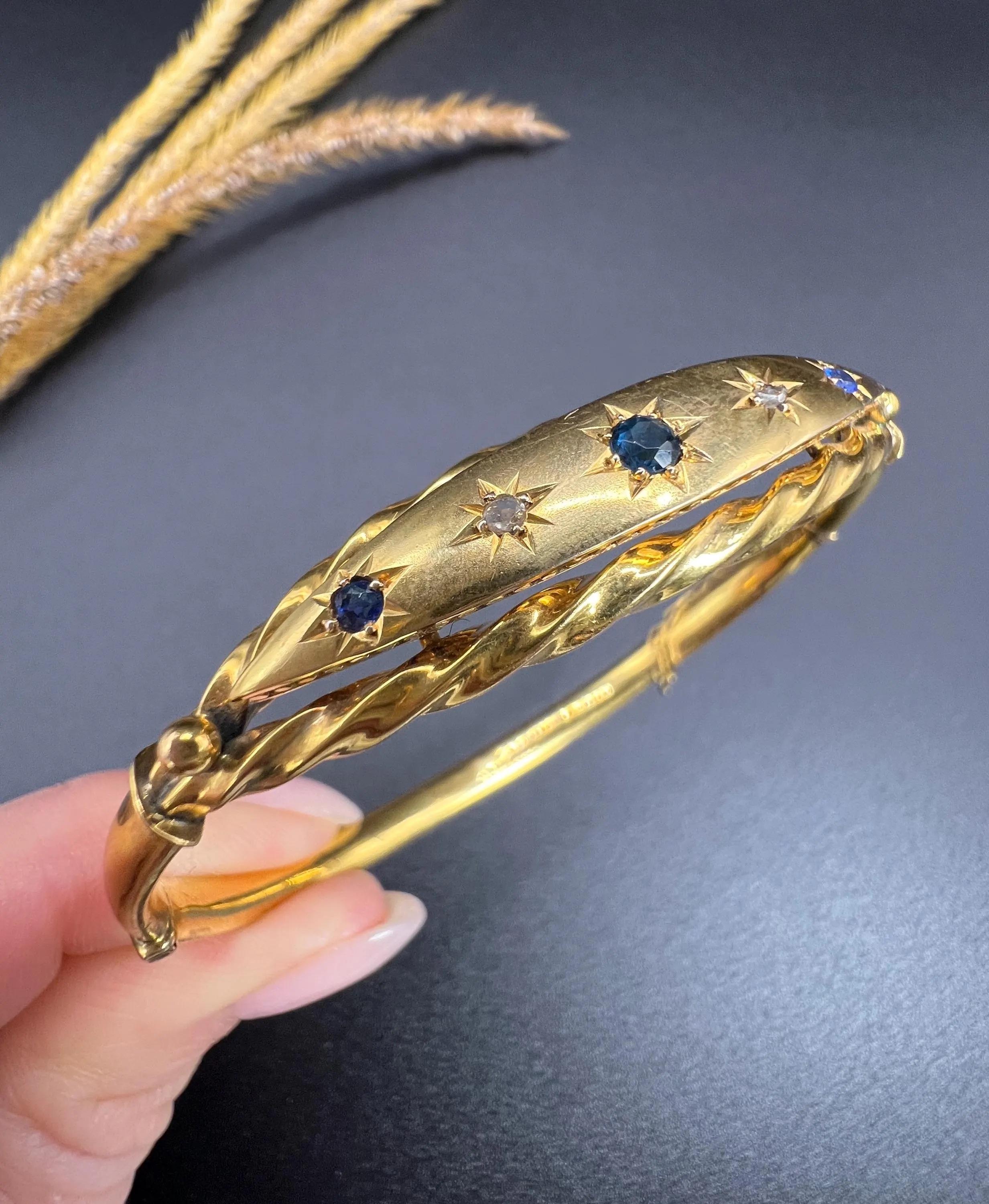 Édouardien Bracelet jonc édouardien en or 9 carats, saphirs sertis en étoile et diamants, poinçonné Chester 1907 en vente