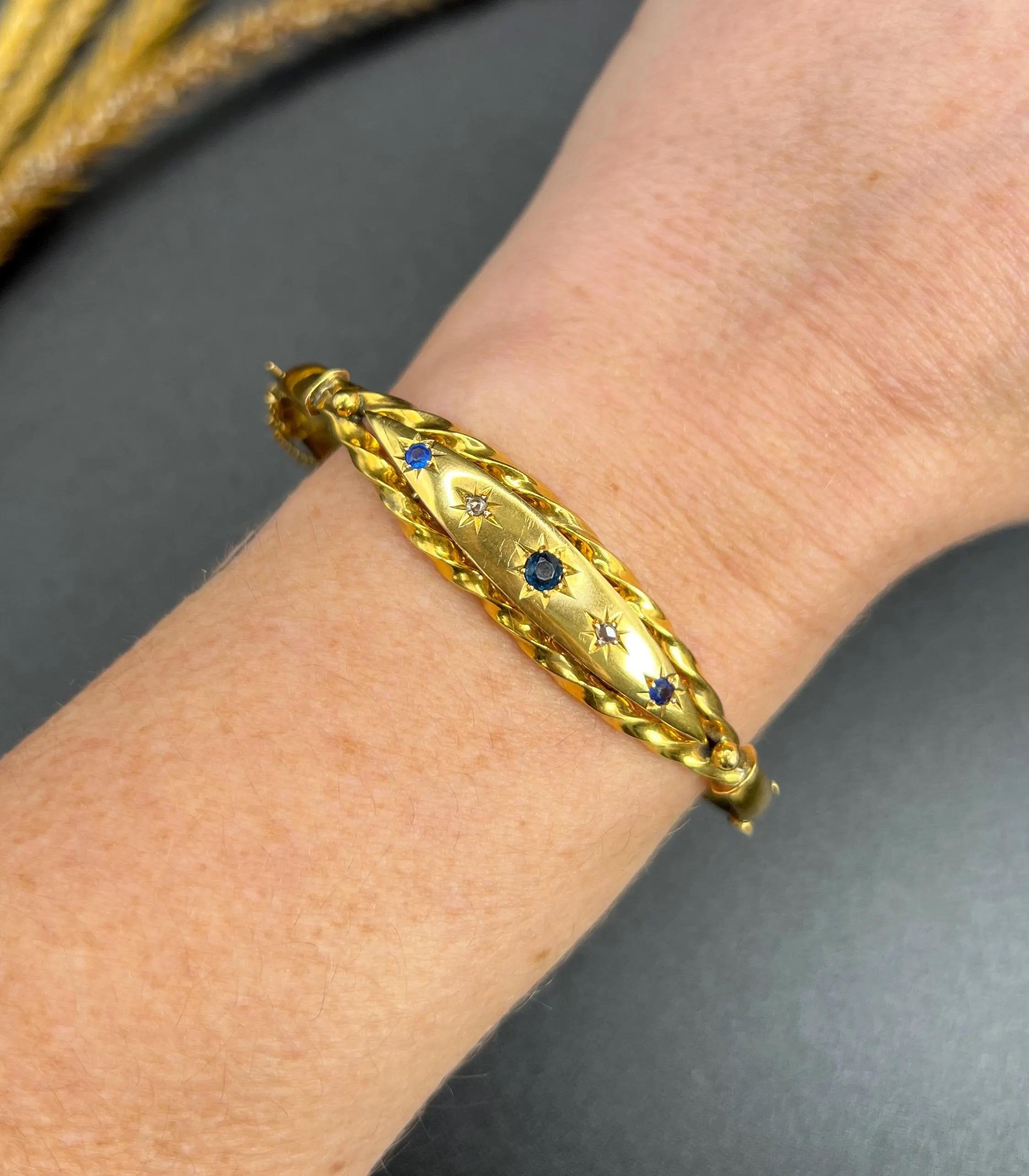 Bracelet jonc édouardien en or 9 carats, saphirs sertis en étoile et diamants, poinçonné Chester 1907 en vente 1