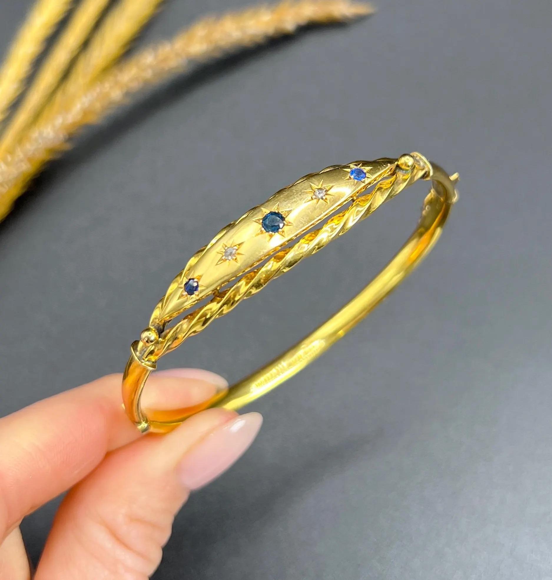 Bracelet jonc édouardien en or 9 carats, saphirs sertis en étoile et diamants, poinçonné Chester 1907 en vente 2