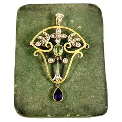 9ct Gold Edwardian Suffragette Pendant/Brooch Amethyst Peridot & Seed Pearls
