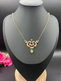 9ct Gold Edwardian Suffragette Pendant Necklace, Amethyst Peridot & Seed Pearls