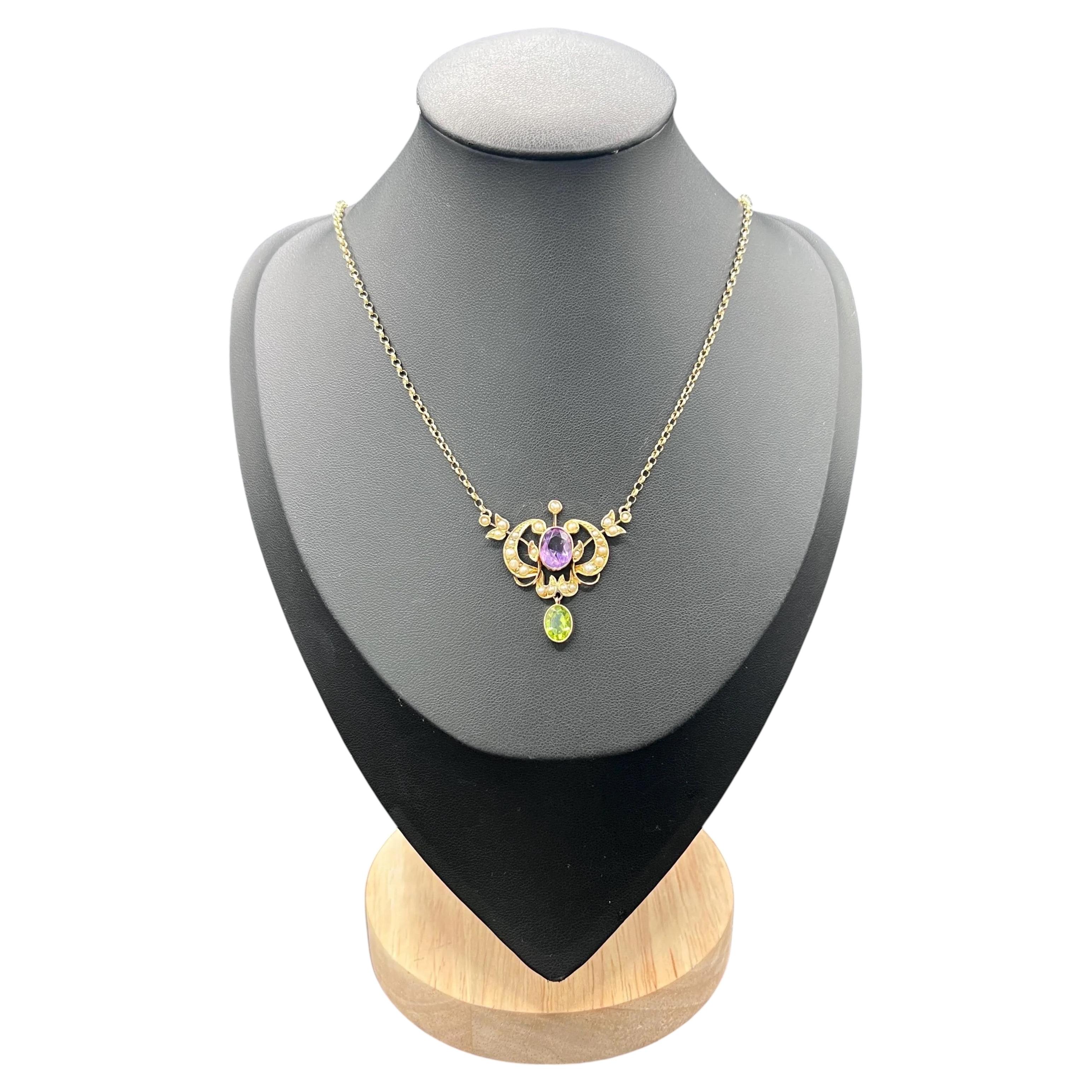 Collier pendentif Suffragette en or 9ct Edwardian, améthyste, péridot et perles de rocaille