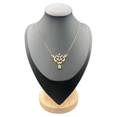 9ct Gold Edwardian Suffragette Pendant Necklace, Amethyst Peridot & Seed Pearls