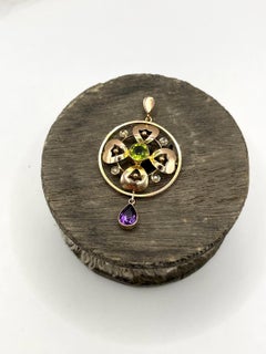 9ct Gold, Edwardian Suffragette Pendant set with Amethyst, Peridot & Seed Pearls
