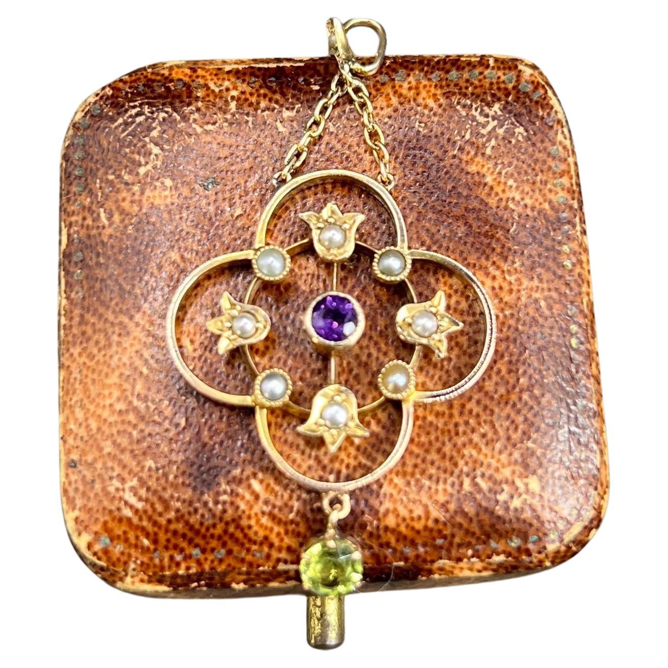 9ct Gold, Edwardian Suffragette Pendant set with Amethyst, Peridot & Seed Pearls