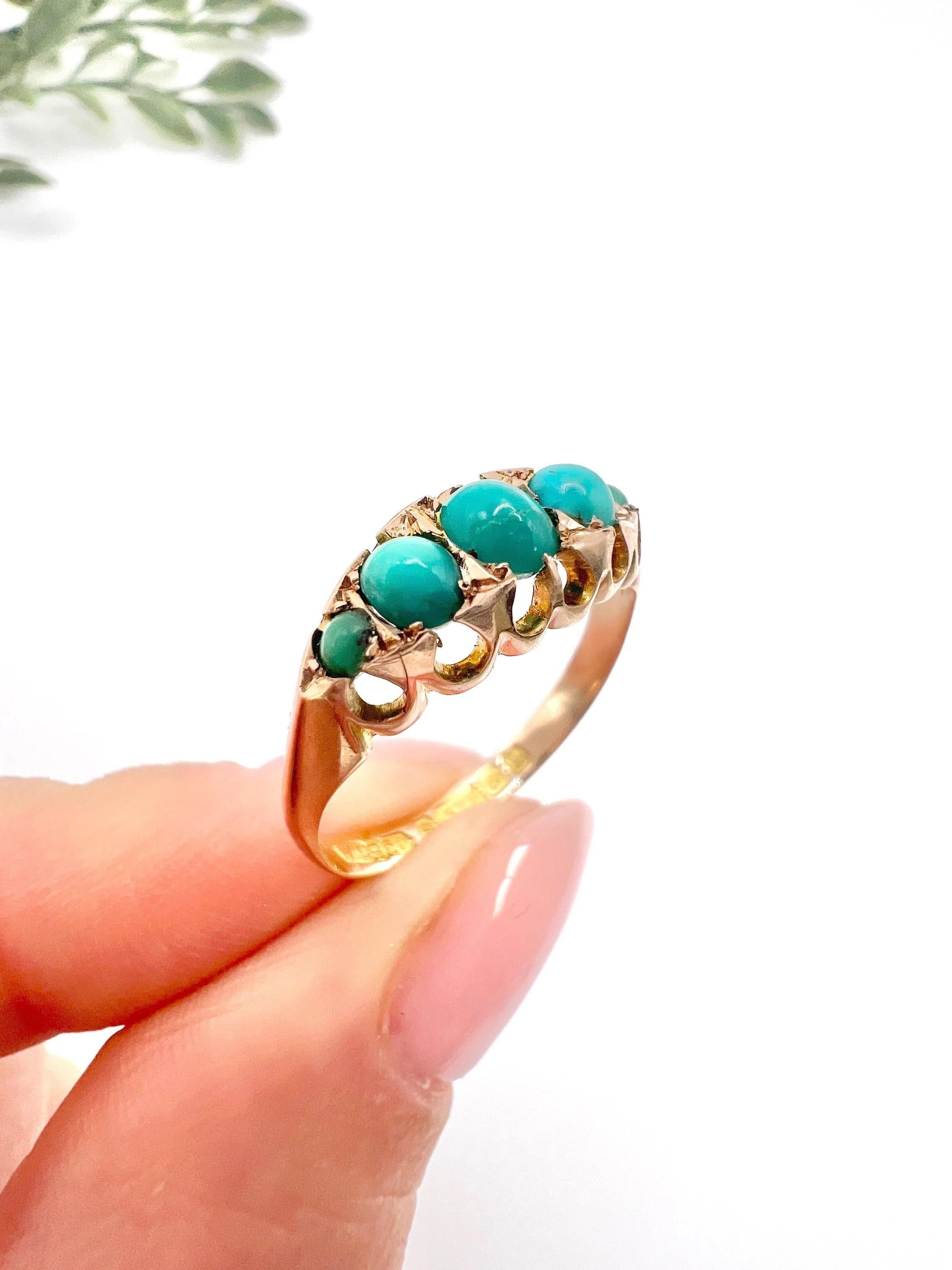 Women's or Men's 9ct Gold Edwardian Turquoise Five Stone Band Ring Hallmarked Birmingham 1907 For Sale
