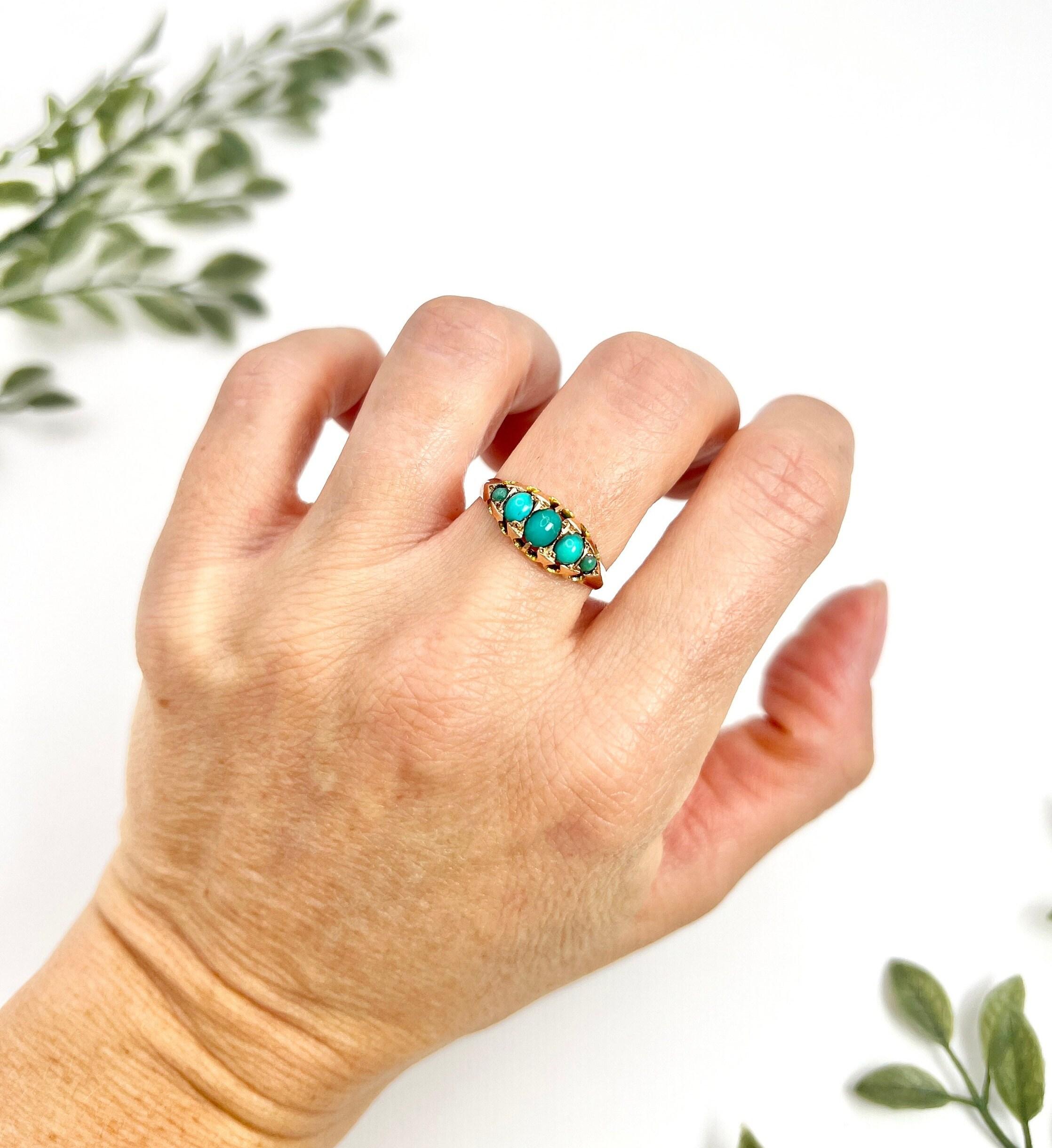 9ct Gold Edwardian Turquoise Five Stone Band Ring Hallmarked Birmingham 1907 For Sale 4