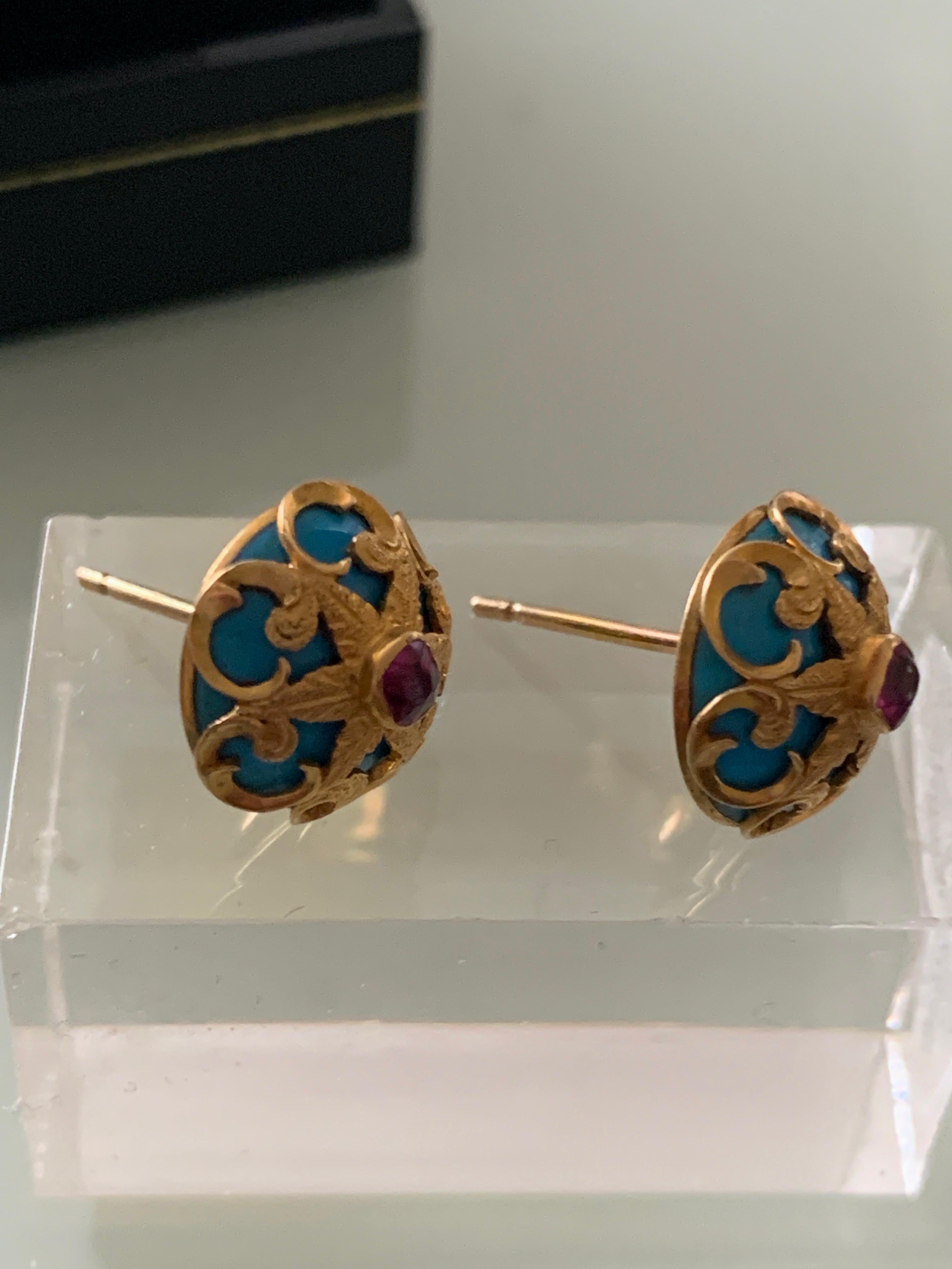Women's 9ct Gold fret work turquoise stone and 0.32 Carat Ruby earrings  For Sale