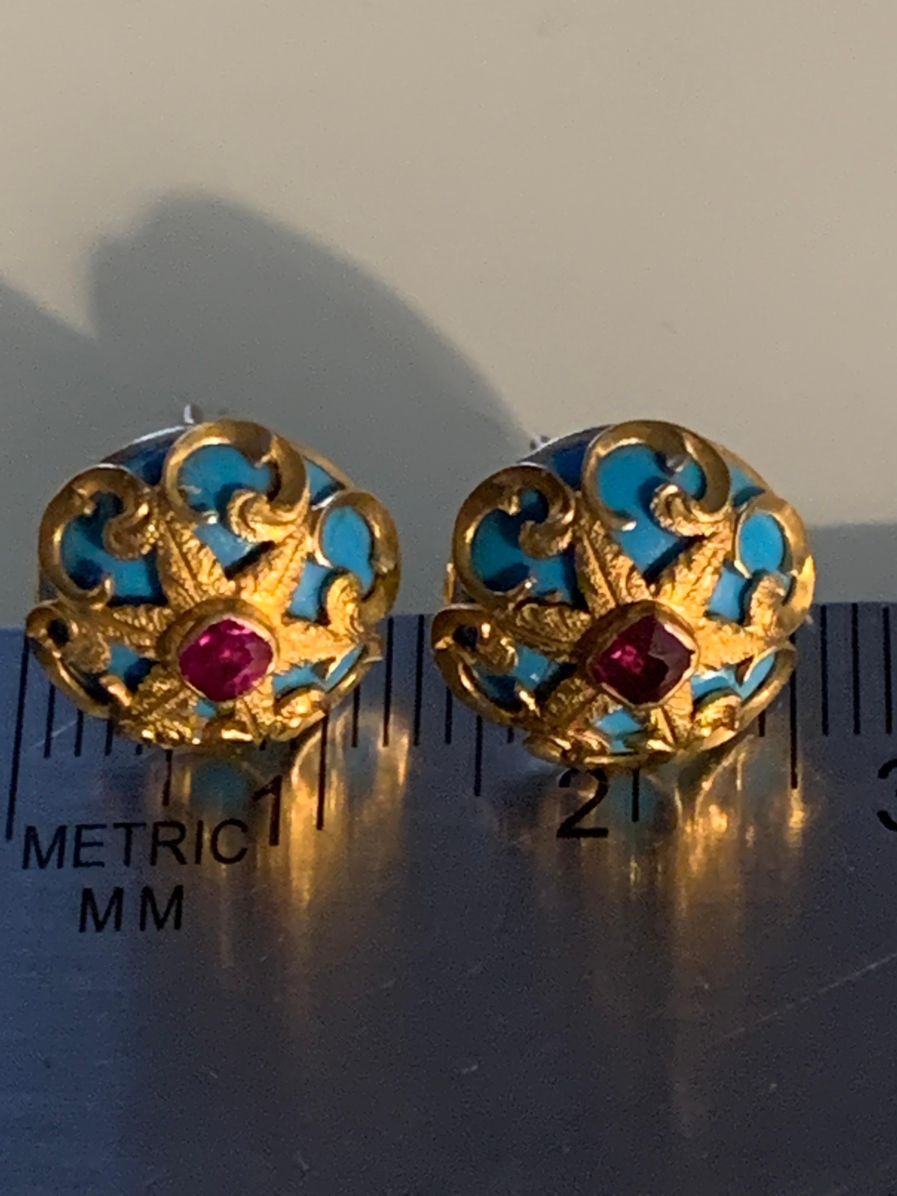 9ct Gold fret work turquoise stone and 0.32 Carat Ruby earrings  For Sale 2