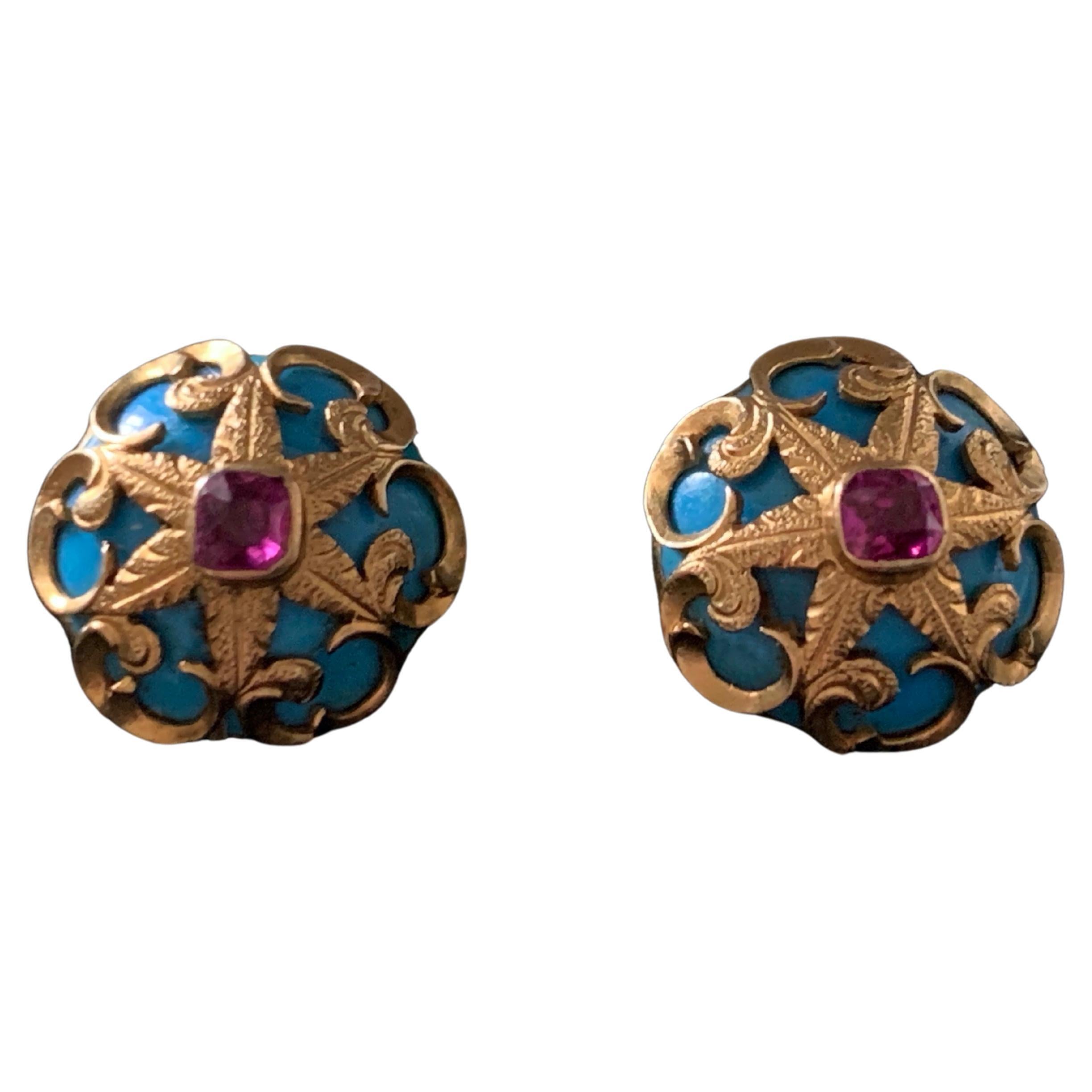 9ct Gold fret work turquoise stone and 0.32 Carat Ruby earrings  For Sale