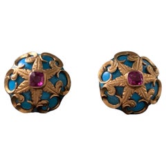 Antique 9ct Gold fret work turquoise stone and 0.32 Carat Ruby earrings 