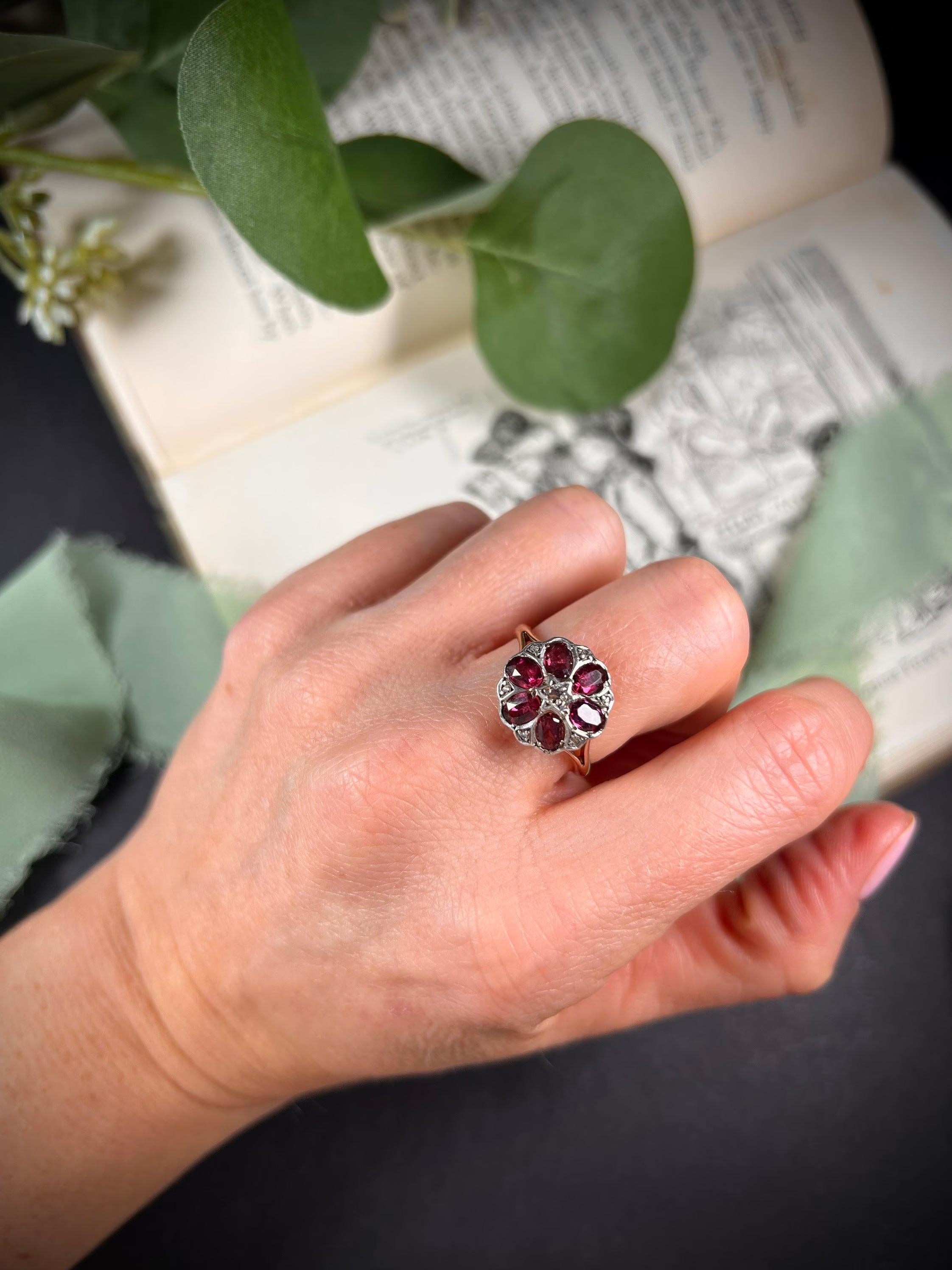 Women's or Men's 9ct Gold Garnet & Diamond Daisy Cluster Ring Set with Faceted Garnet Petals   For Sale