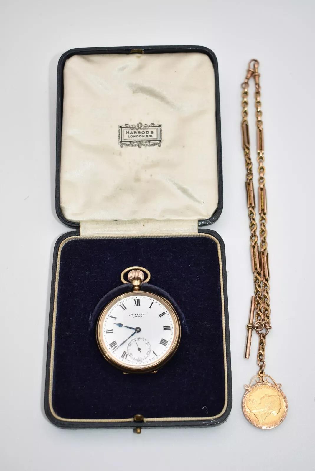 Men's 9ct Gold J.W. Benson Open Faced Pocket Watch with Chain & Gold Full Sovereign For Sale
