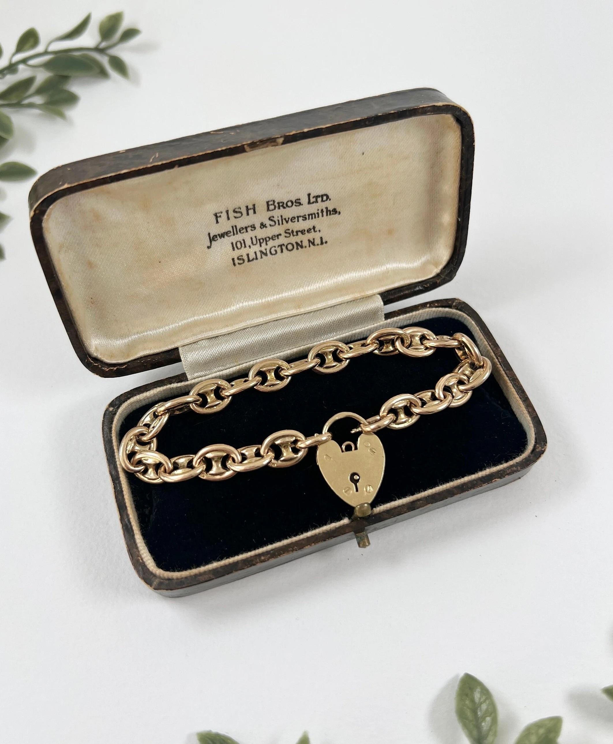Women's or Men's 9ct Gold Mariner Link Bracelet Heart Padlock Clasp Hallmarked Birmingham 1959
