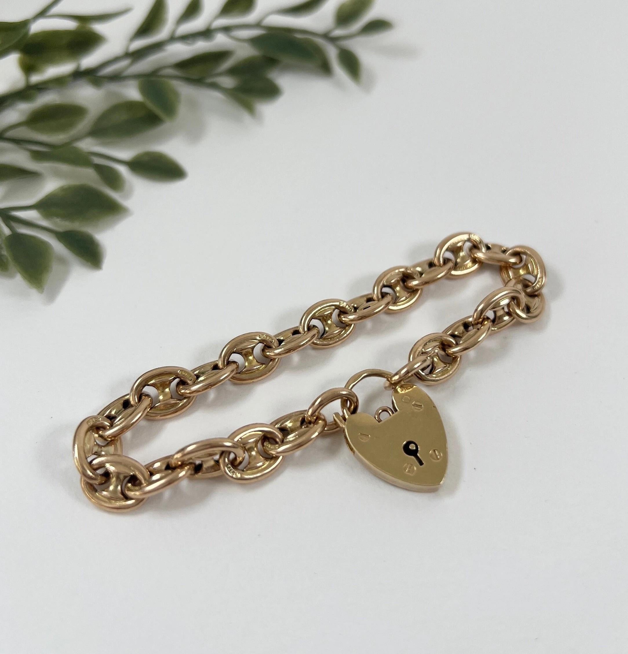 9ct Gold Mariner Link Bracelet Heart Padlock Clasp Hallmarked Birmingham 1959 1