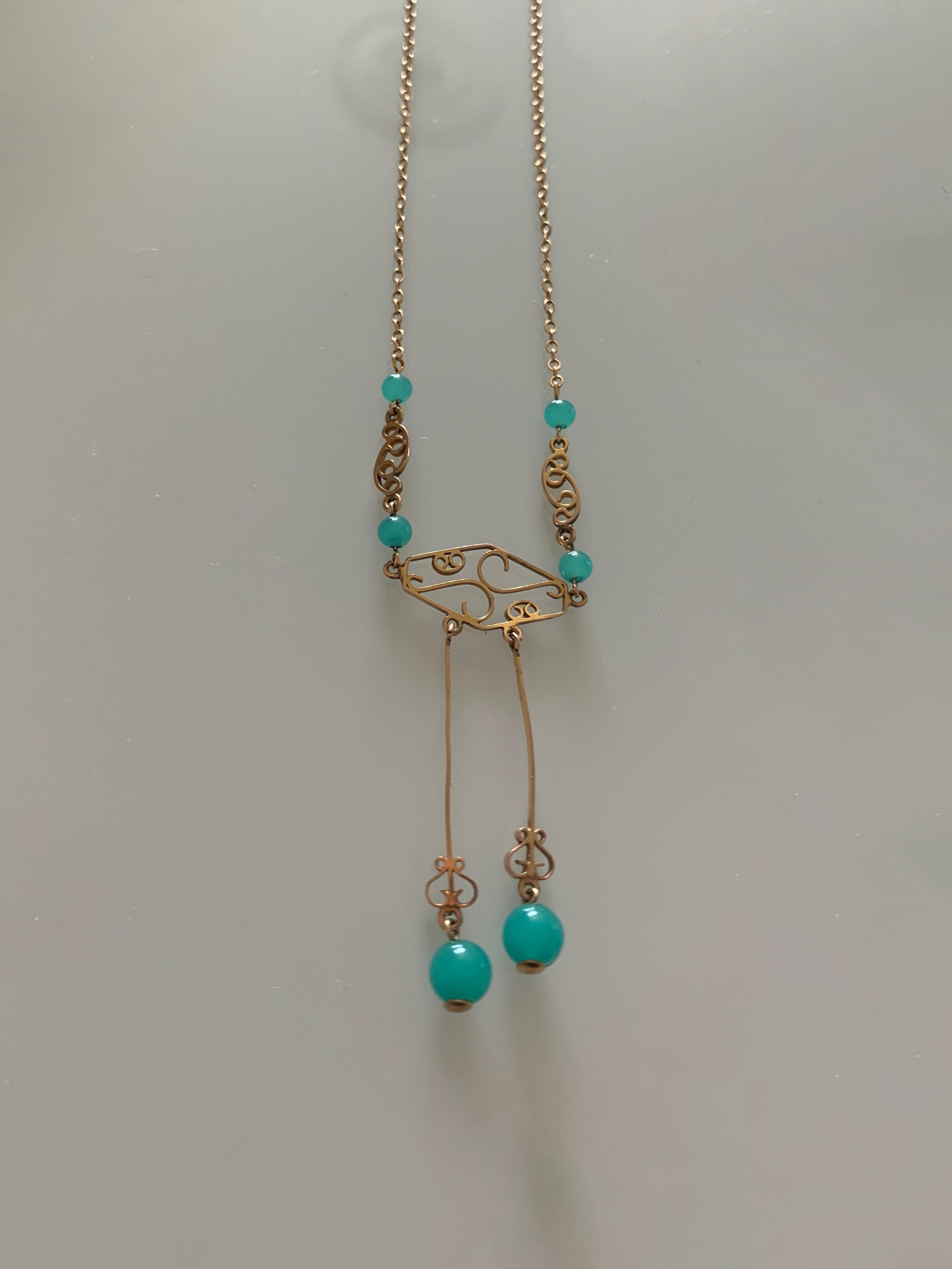 Art Deco 9ct Gold Necklace with Rare Turquoise Jade Circa 1930's For Sale