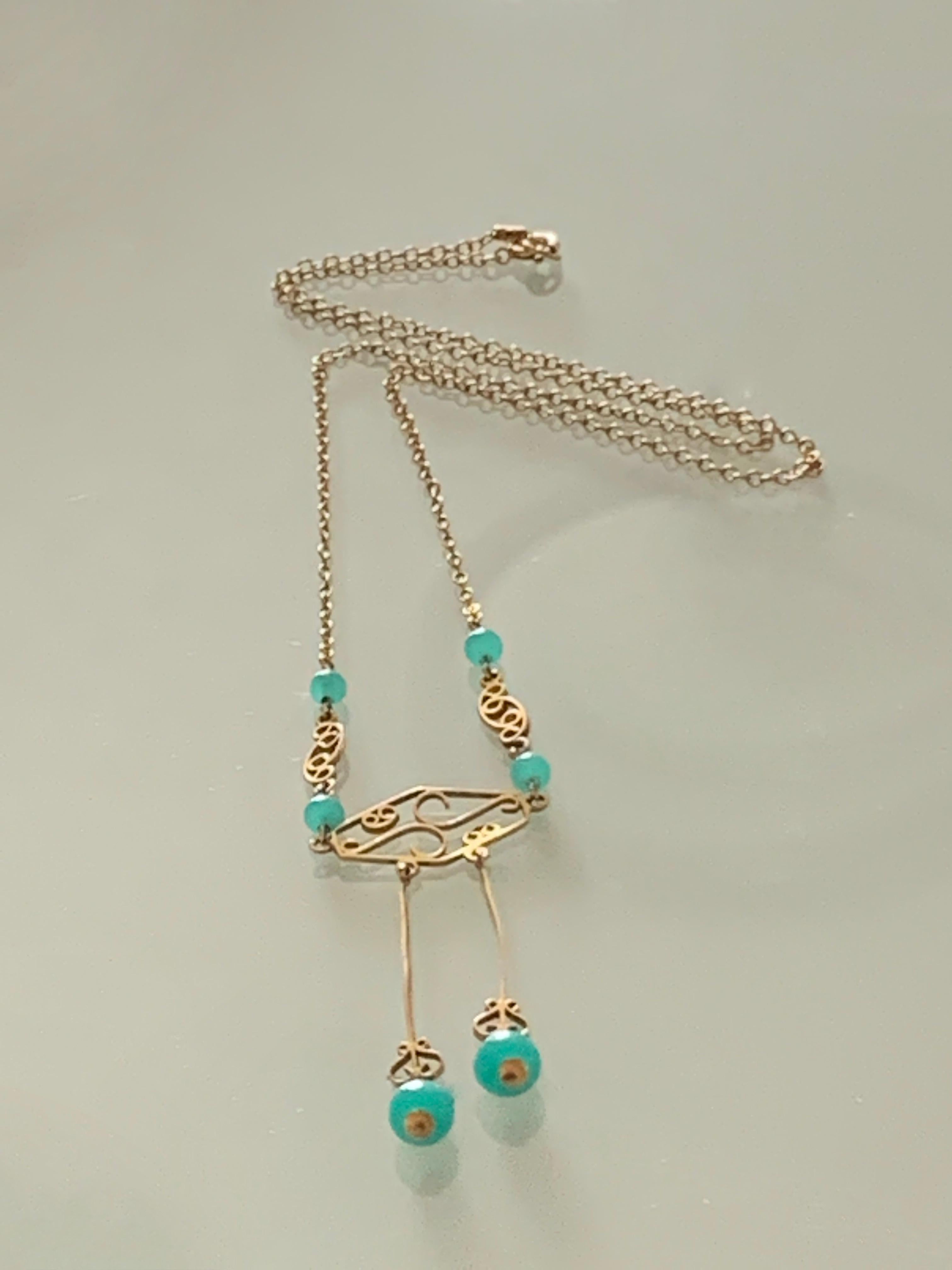 Women's 9ct Gold Necklace with Rare Turquoise Jade Circa 1930's For Sale