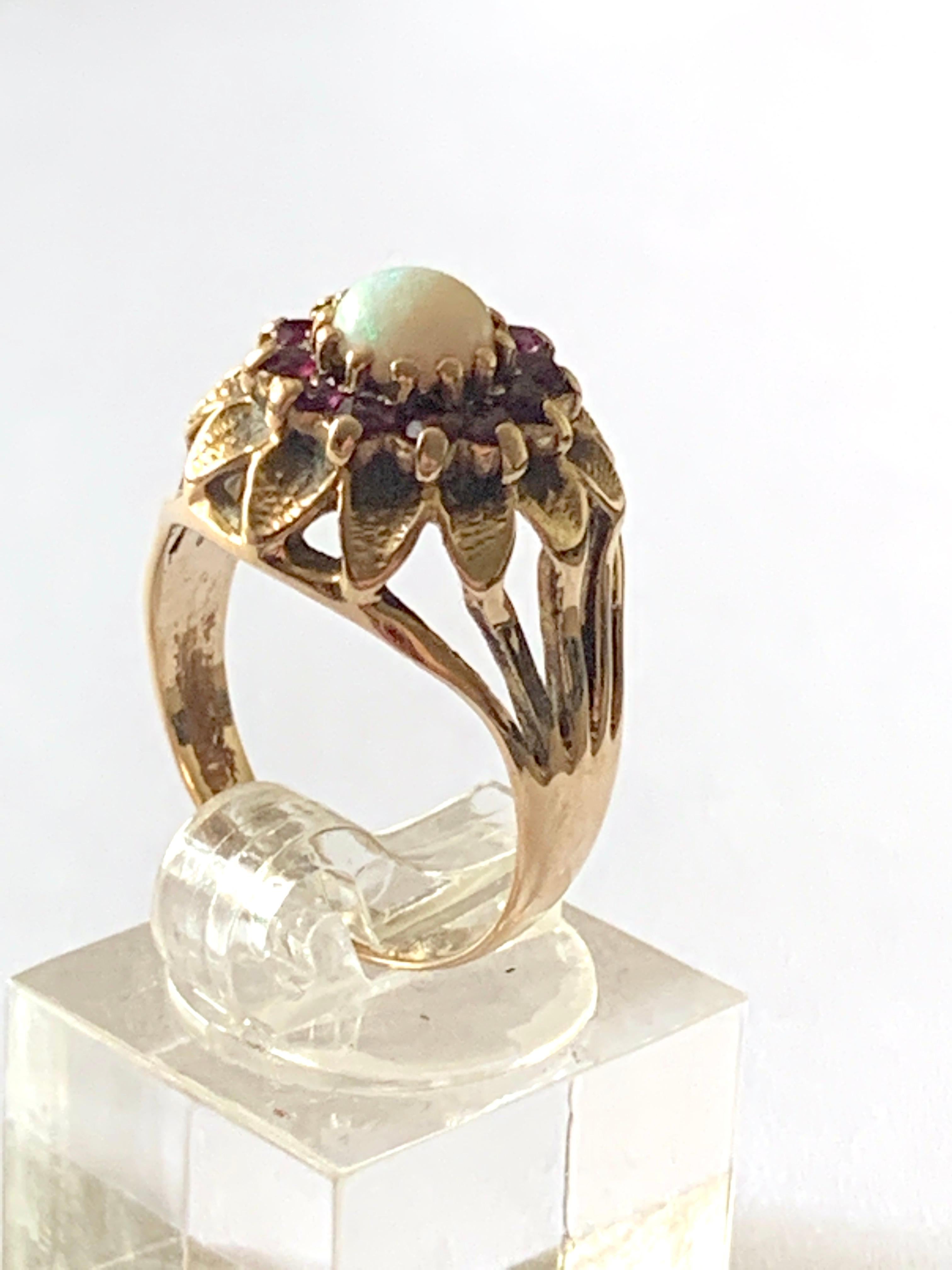 Egyptian Revival 9ct Gold Opal & Ruby Ring For Sale