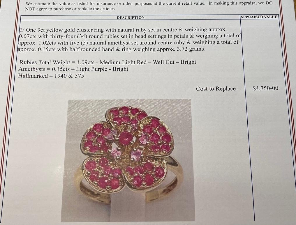 9ct Gold Retro Ruby Flower Cluster Ring Valuation Hallmarked 2006 Birmingham For Sale 1