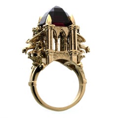 9ct Gold Rhodolite Garnet Cathedral Ring Gothic Victorian Style with Gargoyles