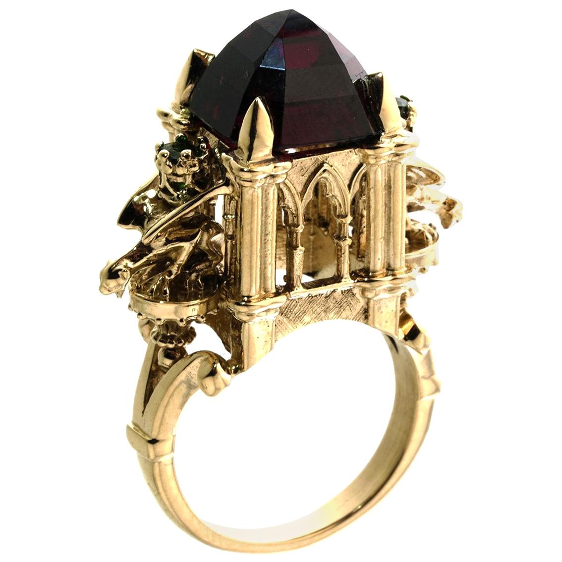 9ct Gold Rhodolite Garnet Cathedral Ring Gothic Victorian Style with Gargoyles