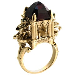 9ct Gold Rhodolite Garnet Cathedral Ring Gothic Victorian Style with Gargoyles