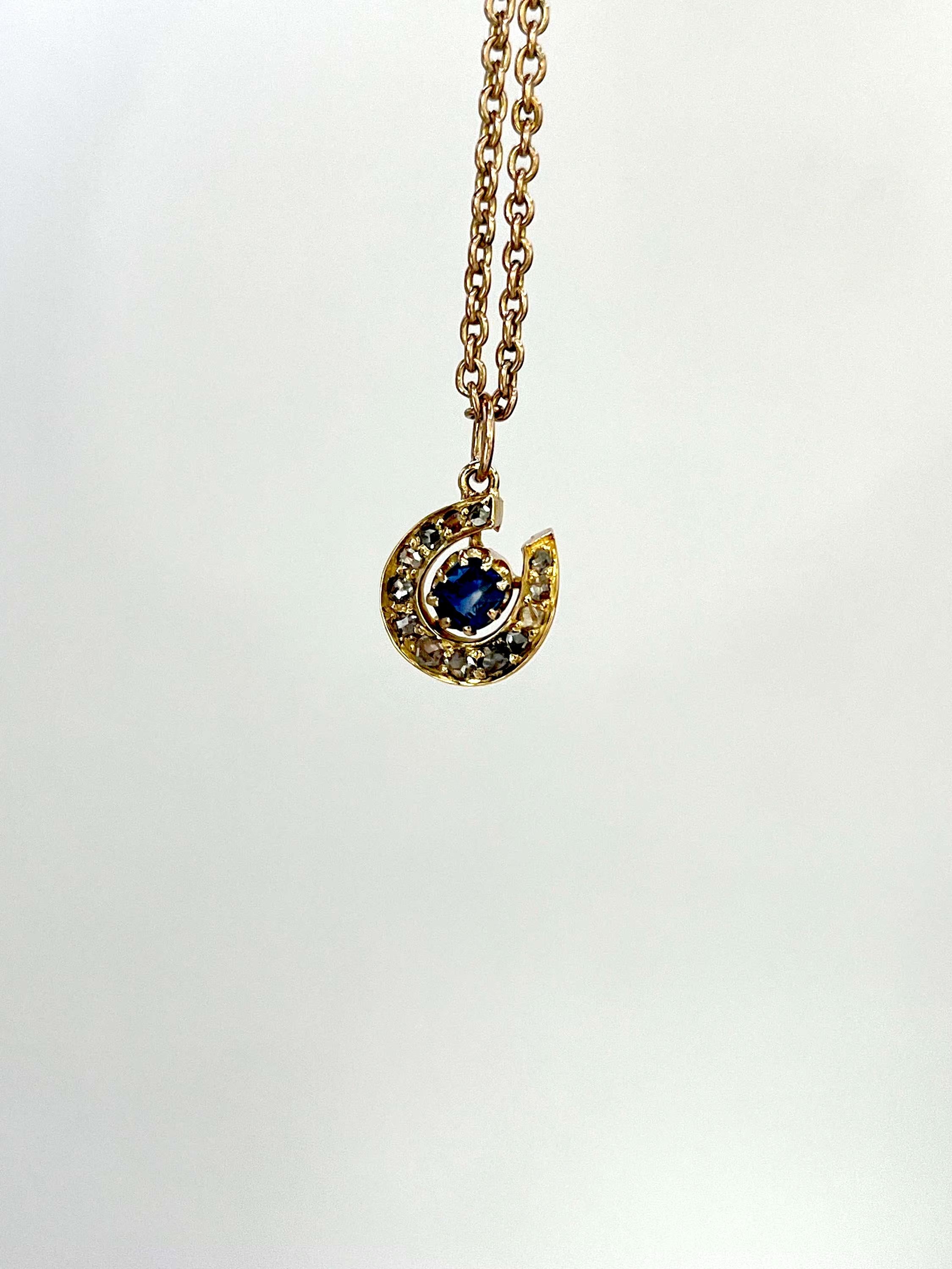 Collier à pendentif en or 9ct, saphir et diamant, fer à cheval chanceux, vers 1880 en vente 2
