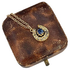 9ct Gold, Sapphire & Diamond, Lucky Horseshoe Pendant Necklace, Circa 1880
