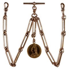 9ct Gold Trombone Link Double Albert Watch Chain, & 1887 Sovereign